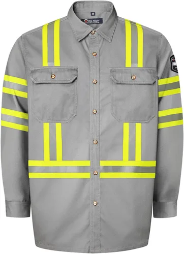 Vista 7 de Camisas FR grises para hombre, sarga de algodón de 7.5 onzas, manga larga, ajuste regular, cuello de punto, cuello Henley, 2 bolsillos de parche