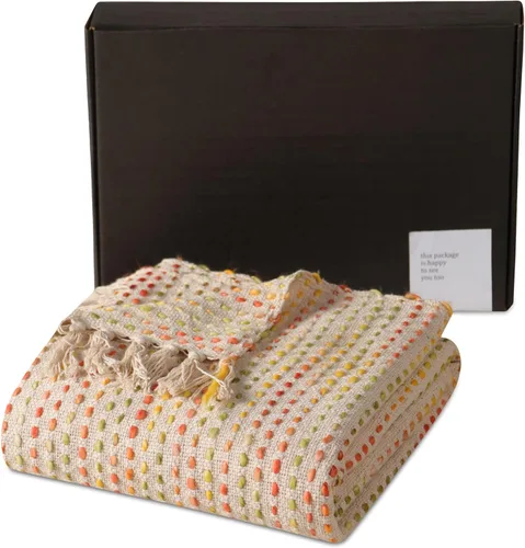 Vista 7 de THE ART BOX - Manta de algodón tejida a mano multicolor, manta turca, hecha a mano de algodón puro, colcha de sofá, peso ligero de verano, regalo