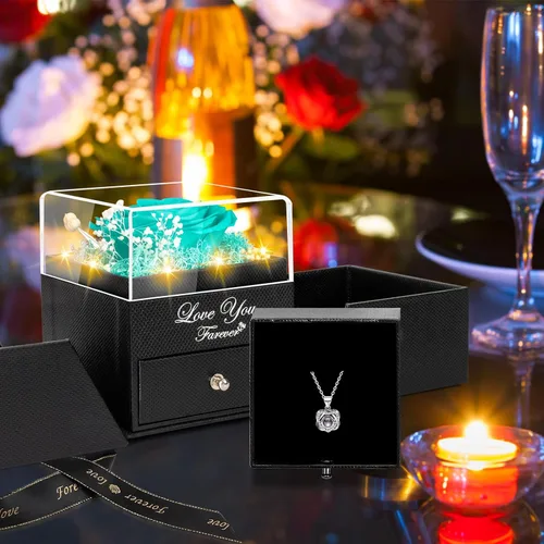 Vista 3 de Collar con diseño de rosa real preservada con corazón con texto en inglés "I Love You", flores eternas, regalos de cumpleaños para mujeres, mamá