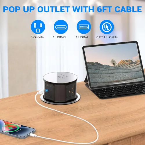 Vista 3 de Toma de corriente desplegable para encimera con USB C de 20 W, regleta de alimentación empotrada de 4.7 pulgadas con cargador inalámbrico de 15 W