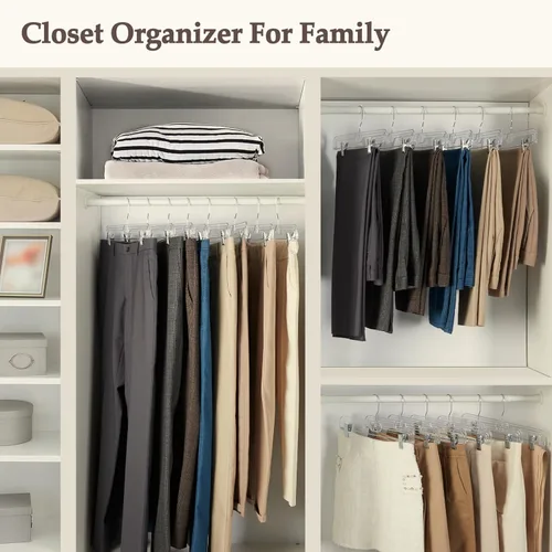 Vista 8 de HOUSE DAY Perchas para faldas transparentes con clips, percha antideslizante de plástico para pantalones con 2 clips ajustables, percha con clip