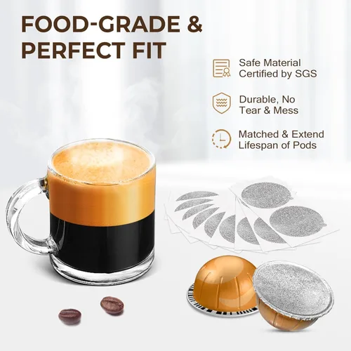 Vista 3 de AANQQ Tapas de papel de aluminio para cápsulas reutilizables Nespresso Vertuo: 100 piezas de cubierta de sello de aluminio para cápsulas de café