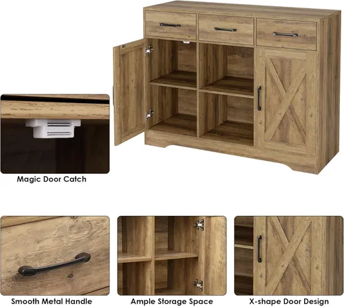 Vista 7 de HOSTACK Armario de almacenamiento de madera moderno estilo granja, con puertas de granero, aparador con almacenamiento, cajones y estantes