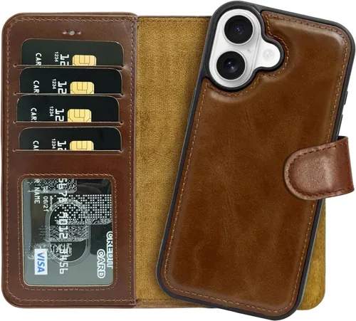 Vista 69 de HARDISTON Funda de piel auténtica de alta calidad hecha a mano para iPhone XR, tarjetero doble, funda magnética desmontable, función atril Marrón