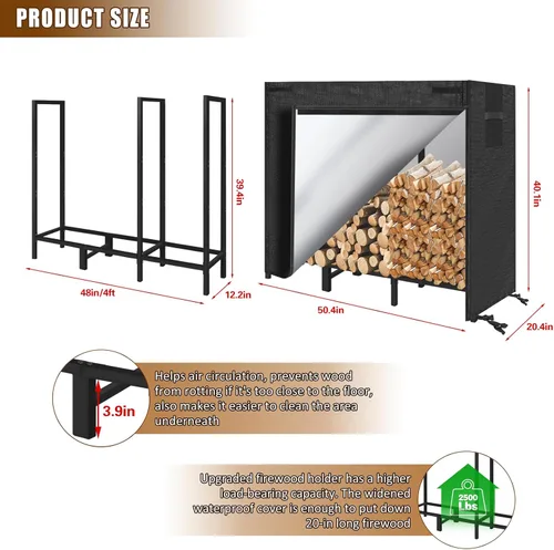 Vista 5 de KYATE - Estante para leña de 4 pies para exteriores con cubierta, soporte para almacenamiento de leña para chimenea, soporte resistente