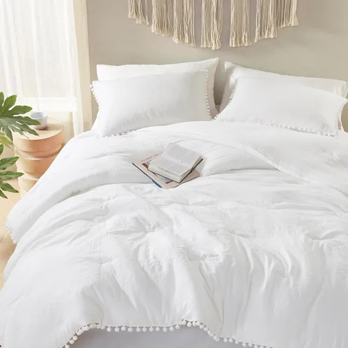 Vista 8 de Codi Juego de edredón beige tamaño individual para niñas, ropa de cama con diseño de flecos de pompones, ropa de cama bonita de microfibra lavada