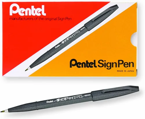 Vista 5 de Bolígrafo con punta de pincel Pentel, tinta ocre. Caja de 12 (SES15 C-Y), Negro Paquete de 1