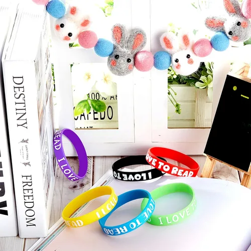 Vista 7 de WILLBOND Pulsera de goma motivacional con texto en inglés "I Love to Read", pulseras de silicona coloridas para recompensas de aula, premios
