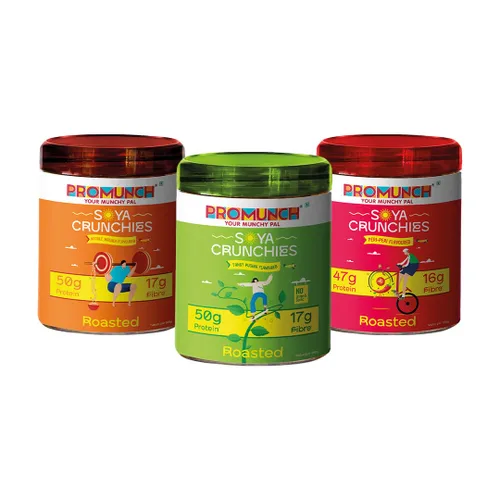 Vista 25 de PROMUNCH Bocadillo de Soja Asada Alto en Proteínas Saludable Sin gluten Paquete de 3, Sabor: Queso y Cebolla, Peri-Peri y Fideos Masala