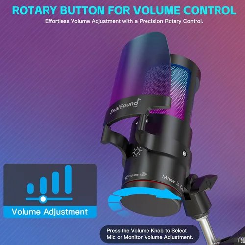Vista 5 de ZealSound Micrófono USB para juegos para iPhone, micrófono de juegos con cancelación de ruido con silencio táctil, ganancia, monitoreo, brazo