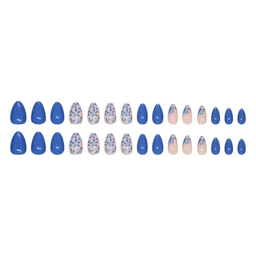 Vista 5 de Uñas postizas a presión con flores azules, uñas postizas medianas en forma de almendra, punta francesa, cobertura completa, uñas con pegamento