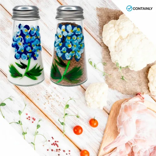 Vista 5 de Juego de salero y pimentero de hortensias azules cónicas pintadas a mano