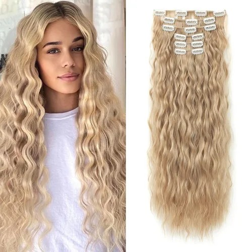 Vista 18 de LONAI - Extensiones de cabello con clip, 6 piezas, rizadas, de 24" de largo, sintéticas, para mujer, color rubio ceniza natural