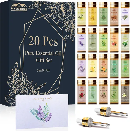 Aceites Esenciales Puros para Difusores para el Hogar, Piel, Velas y Fabricación de Jabón, 20 Aromas - Árbol de Té, Lavanda, Limón, Menta,