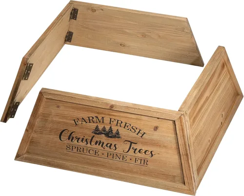 Vista 9 de Glitzhome Collar de Árbol Trapezoidal de Madera Natural de 26" L, Cubierta Rústica para Base de Árboles de Navidad, Anillo de Árbol Fresco