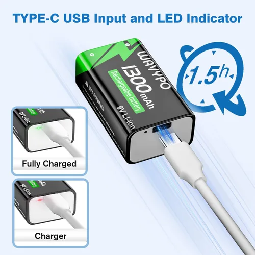 Vista 2 de WAVYPO Paquete de 2 baterías recargables de 9 V de 1300 mAh, baterías de iones de litio de 9 voltios de larga duración con cable de carga rápida