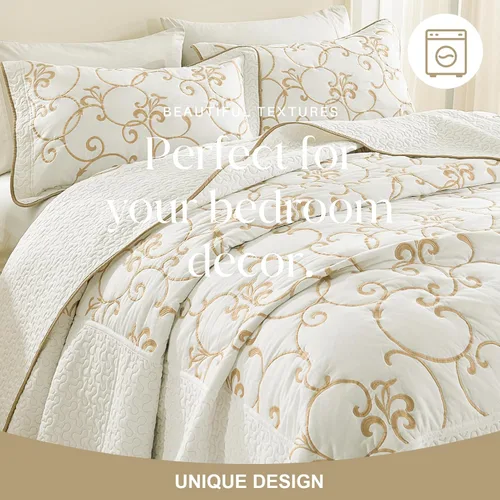Vista 4 de Juego de cubrecama extra grande de 100% algodón de tamaño king, 120"x120", con fundas de almohada, juego de ropa de cama bordada ligera de 3 piezas