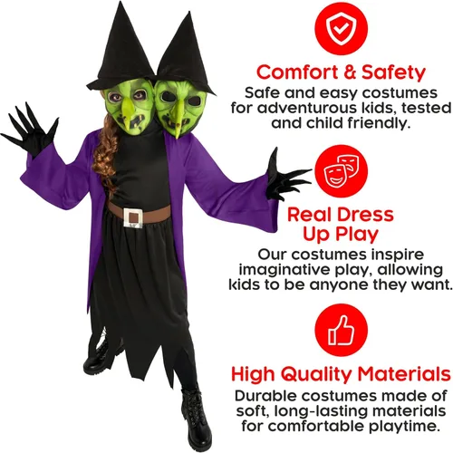 Vista 4 de Morph Disfraz de bruja para niñas, disfraz de bruja de 2 cabezas, disfraz de bruja para niños, disfraz de bruja para niños, disfraz de bruja