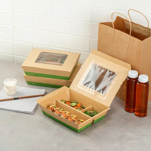 Vista 10 de Restaurantware Eco Tek - Recipientes de comida para llevar de 51 onzas, 100 cajas Bento desechables, 3 compartimentos, ventana transparente, papel