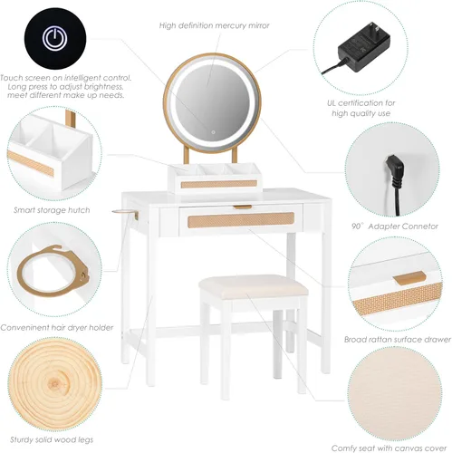 Vista 5 de Spirich - Tocador de maquillaje con espejo y luces, tocador de ratán blanco con cajones, 3 modos de iluminación, tocador pequeño para dormitorio