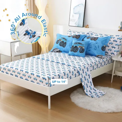 Vista 5 de Mooreeke Juego de edredón tamaño Twin para niños de 6 piezas, juego de ropa de cama azul camión para adolescentes, ropa de cama de microfibra suave