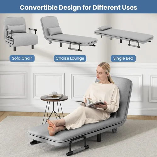 Vista 24 de KOMFOTT Silla convertible, silla de dormir con respaldo ajustable de 5 posiciones y almohada lumbar, 2 patas de metal ocultas y 2 ruedas