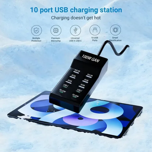 Vista 4 de Bloque de cargador USB de 10 puertos - 100W6A4C Hub de puerto USB múltiple para iPhone/iPad/Samsung Galaxy Note Tablet Android Smartphone