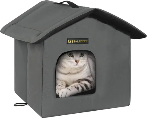 Vista 10 de Rest-Eazzzy Casa para gatos al aire libre, resistente a la intemperie y aislada, con alfombrilla y toldo, fácil de poner, refugio para gatos