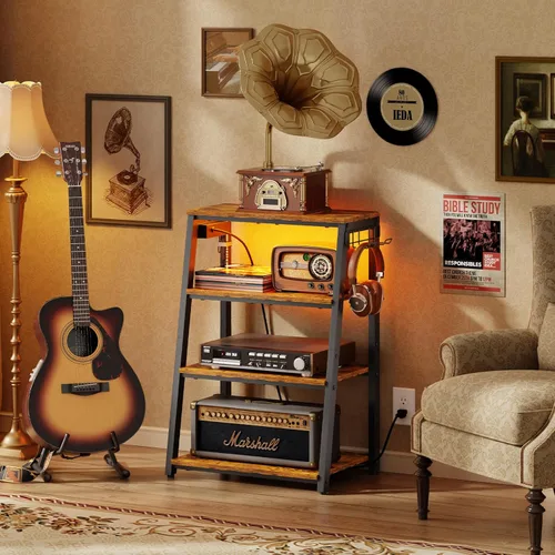 Vista 2 de Soporte de 4 niveles para componentes de AV con regleta de enchufes, soporte de gabinete de estéreo resistente con luces LED, soporte de madera