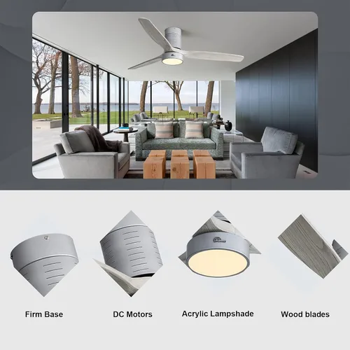Vista 5 de Sofucor Ventiladores de techo de 52 pulgadas con luces y control remoto, moderno ventilador de techo empotrado de perfil bajo, 3 aspas de madera