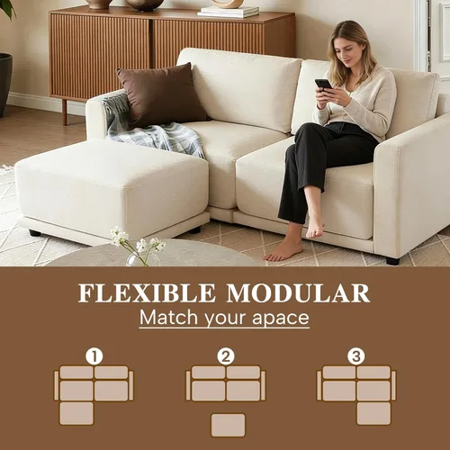 Vista 4 de Sofá modular de 79 pulgadas para sala de estar pequeña, sofá moderno en forma de L con otomana, juego de sofá de felpilla de 3 piezas para muebles