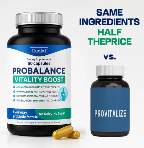 Vista 2 de Ruolai ProBalance Probiotics for Women 68B CFU – Menopausia, hinchazón y vientre – Cúrcuma y Moringa – Salud digestiva y articular – 60 cápsulas