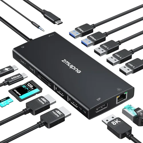 Hub USB C Estación de acoplamiento USB C Monitor dual 4K@60Hz+DP 8K@30Hz para Dell HP, Estación de acoplamiento para portátil 3 monitores 15 en 1