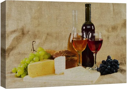 wall26 Lienzo enmarcado para pared, vino blanco, tabla de queso y uvas, alimentos, cócteles y bebidas, arte digital, elegante, escénico, colorido