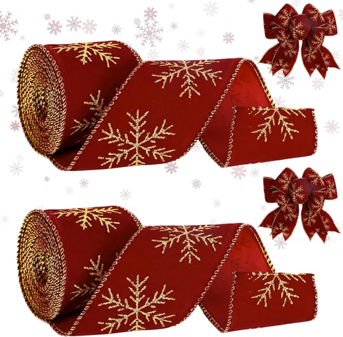 Whaline Cinta de terciopelo navideño con alambre de 50 yardas, cinta de terciopelo de copo de nieve de invierno de 2.5 pulgadas, cinta de terciopelo