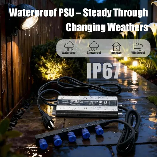 Vista 2 de Fuente de alimentación impermeable de 24 V 150 W, salida de 5 cabezales LED para exteriores compatible con Philips Hue Lily Spot, Lily XL, Calla