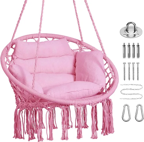 Vista 13 de Goutime - Silla hamaca con columpio colgante de macramé, con cojín y kit de herramientas, columpios boho para adultos para exteriores, patio, Beige