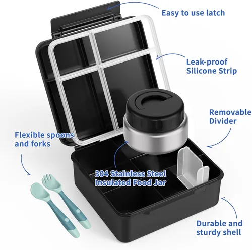 Vista 2 de Lonchera Bento para niños con contenedor térmico de alimentos (9 onzas), lonchera de 4 compartimentos, divisor ajustable, lonchera Bento a prueba