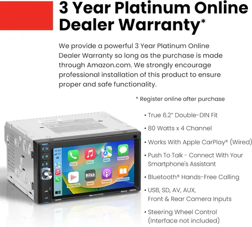 Vista 2 de BOSS Audio Systems BCP62 Estéreo para Auto - Apple CarPlay, Doble DIN, Pantalla Táctil Capacitiva de 6.2 Pulgadas, Bluetooth, Sin Reproductor