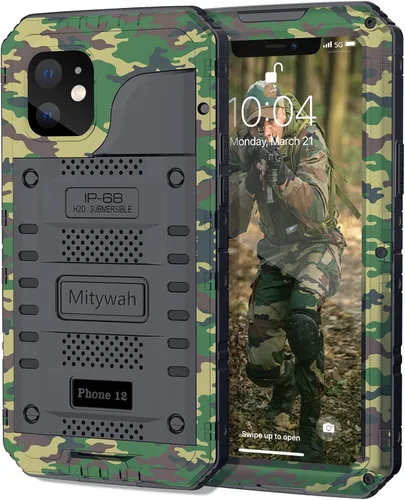 Vista 10 de Mitywah Funda impermeable para iPhone 12, resistente a prueba de golpes, con protector de pantalla integrado, funda de metal de protección submarina