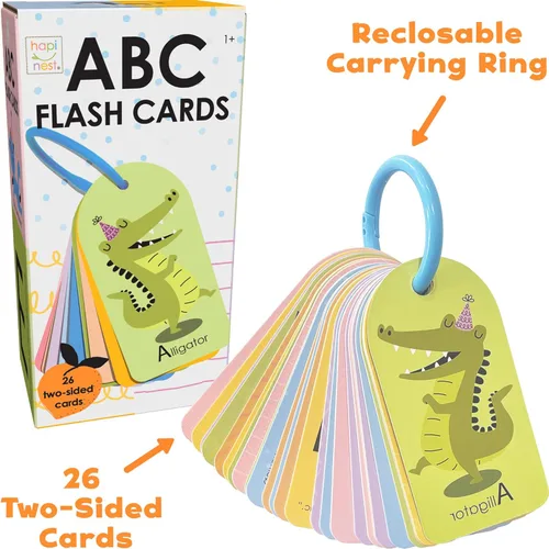 Vista 2 de Hapinest My First ABC - Tarjetas flash del alfabeto para bebés y niños pequeños, 26 tarjetas de doble cara con anillo