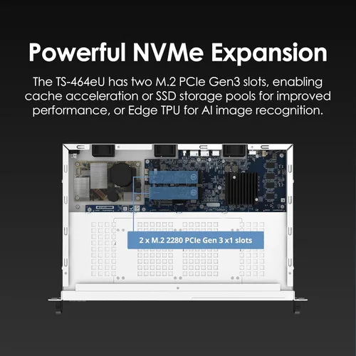 Vista 5 de QNAP TS-464eU-8G-US NAS de alta velocidad de 4 bahías para montaje en rack de 1U de corta profundidad con doble 2.5GbE, CPU Intel Celeron, memoria