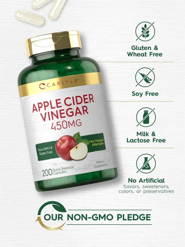 Vista 5 de Carlyle Cápsulas de vinagre de sidra de manzana 450 mg 200 píldoras Suplemento sin OMG, sin gluten