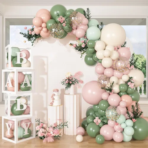 Kit de arco de globos rosa y verde salvia, 153 piezas, decoraciones de baby shower en flor para niñas con letras (A-Z + bebé) para baby shower,
