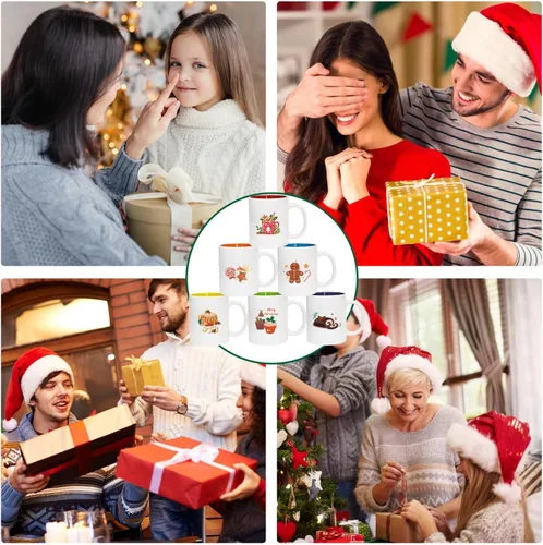 Vista 6 de Juego de 6 tazas de café de Navidad blancas de Navidad, tazas de cerámica duraderas para café, leche, cacao caliente, té, café con leche