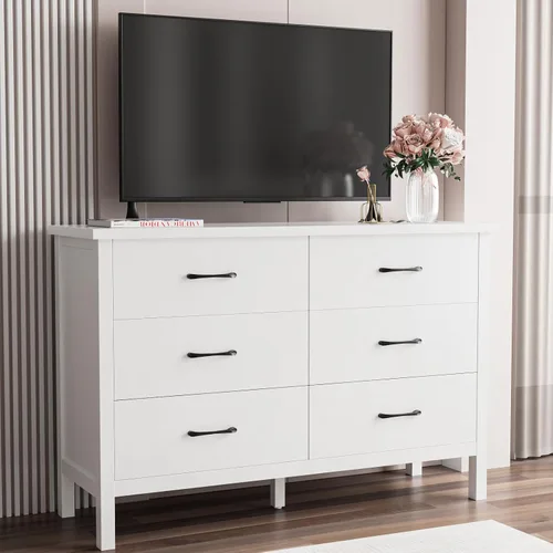 Vista 6 de LYNSOM Cómoda blanca para dormitorio, cómoda de 6 cajones con asas de metal, cómoda de madera moderna para sala de estar, entrada y pasillo