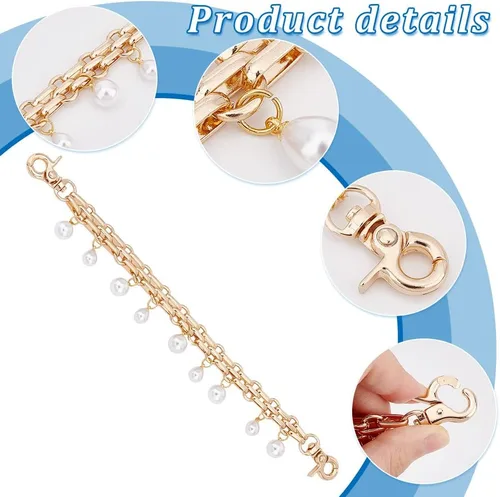 Vista 2 de PH PandaHall Dijes dorados para bolso, 2 piezas de 9.8 pulgadas, con perlas, extensor, correa decorativa para bolsa, cadena de aleación dorada