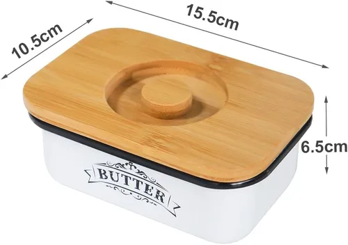 Vista 7 de SOTECH Mantequillera con Tapa Estilo Granja Tarro de Mantequilla para Encimera Caja de Metal Pequeña y Cubierta de Bambú más Gruesa Mantequillera