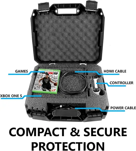 Vista 8 de CASEMATIX Funda de viaje compatible con Xbox One S, funda rígida de transporte con compartimentos de espuma protectora para consola, controlador