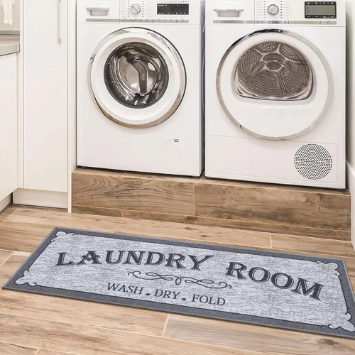Alfombra de lavandería con diseño de texto en el borde, lavable a máquina, antideslizante, de goma, alfombra de pasillo para lavandería, baño Texto